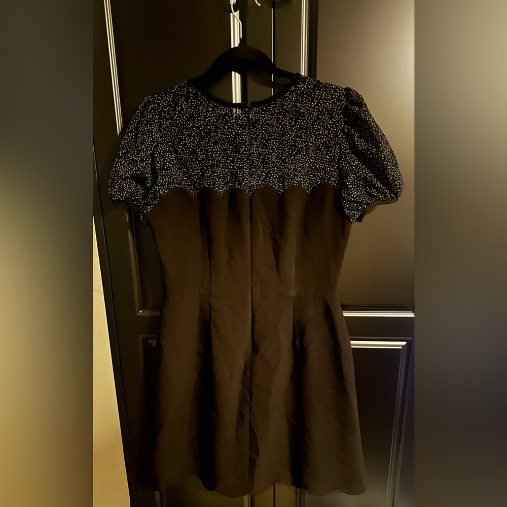 Gal Meets Glam Black Mini Dress with Polka Dot Puff Sleeves and Scallop Hem - Picture 2 of 4